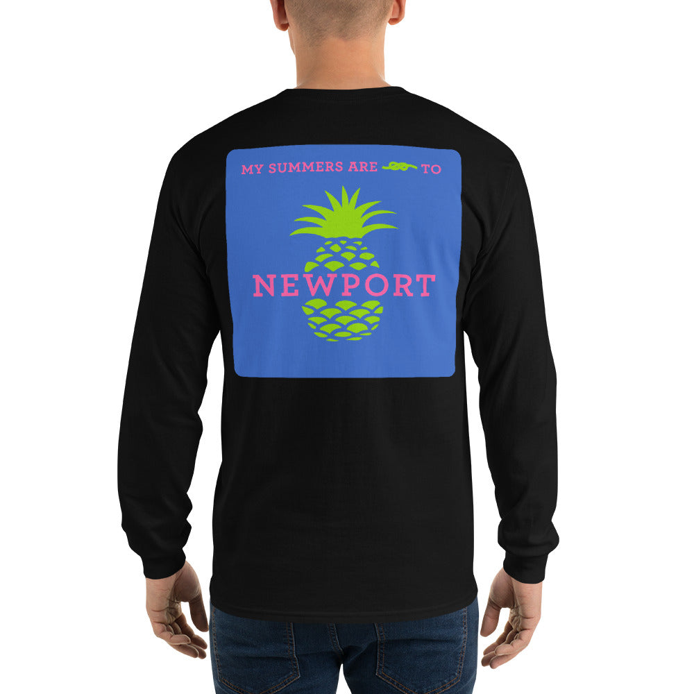 My Summers are Tied to Newport Pineapple Pink and Green with Blue Block Long Sleeve T-Shirt - Multiple Colors - SummerTies