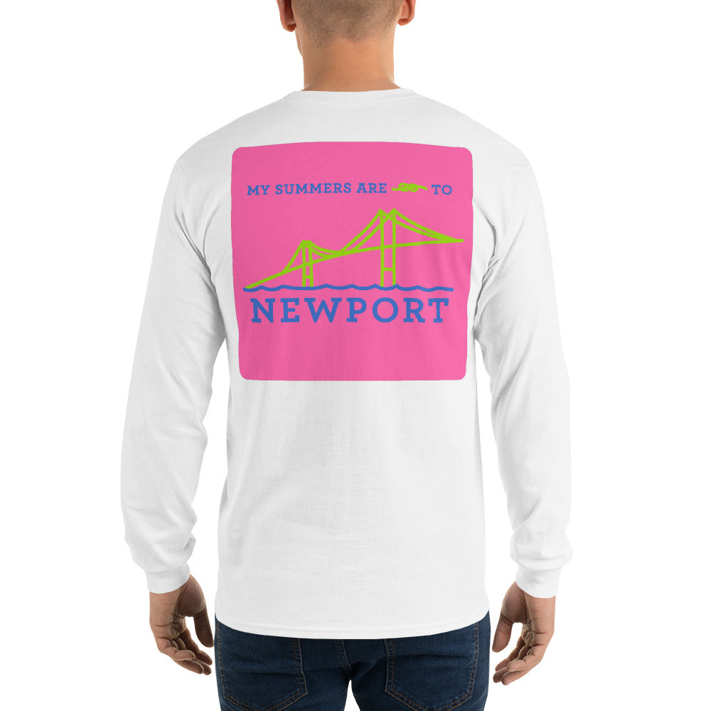 My Summers are Tied to Newport Bridge Blue and Green on Pink Block Long Sleeve T-Shirt - Multiple Colors - SummerTies