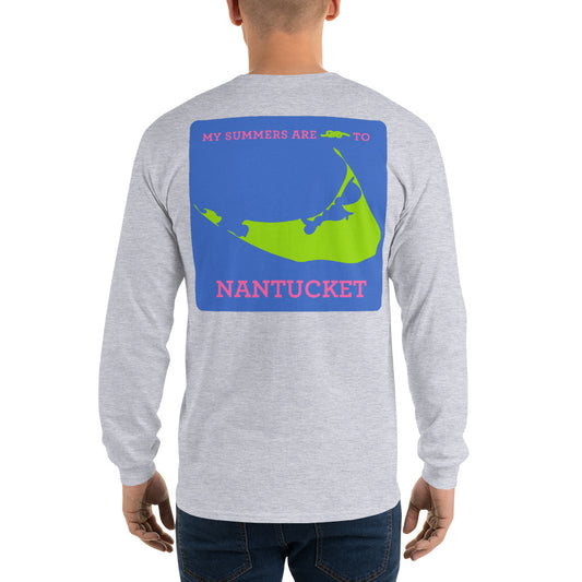 My Summers are Tied to Nantucket Pink and Green with Blue Block Long Sleeve T-Shirt - Multiple Colors - SummerTies