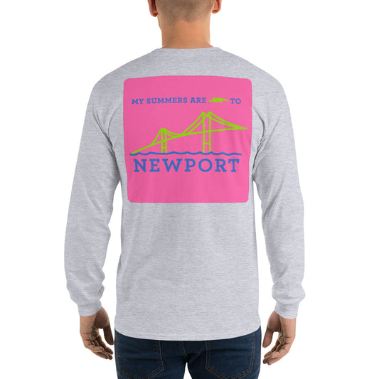 My Summers are Tied to Newport Bridge Blue and Green on Pink Block Long Sleeve T-Shirt - Multiple Colors - SummerTies