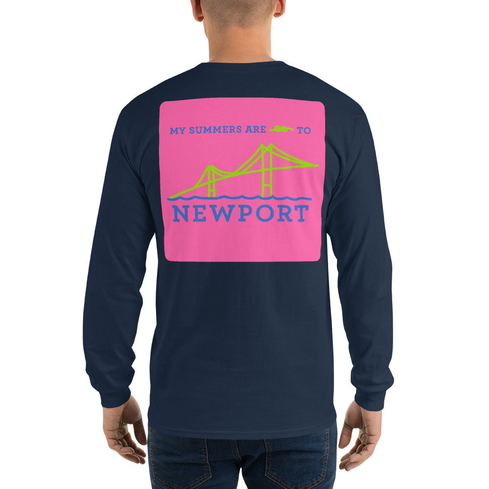 My Summers are Tied to Newport Bridge Blue and Green on Pink Block Long Sleeve T-Shirt - Multiple Colors - SummerTies