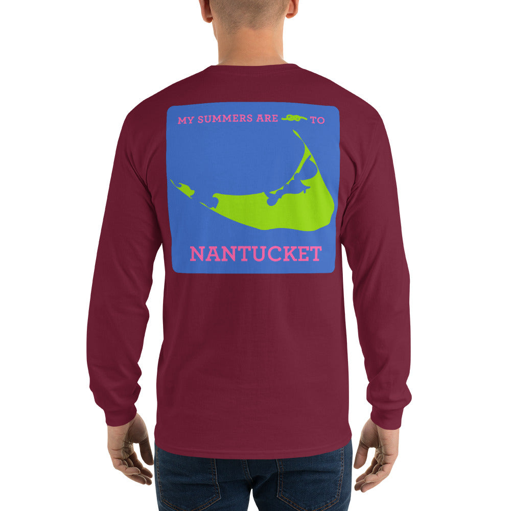 My Summers are Tied to Nantucket Pink and Green with Blue Block Long Sleeve T-Shirt - Multiple Colors - SummerTies