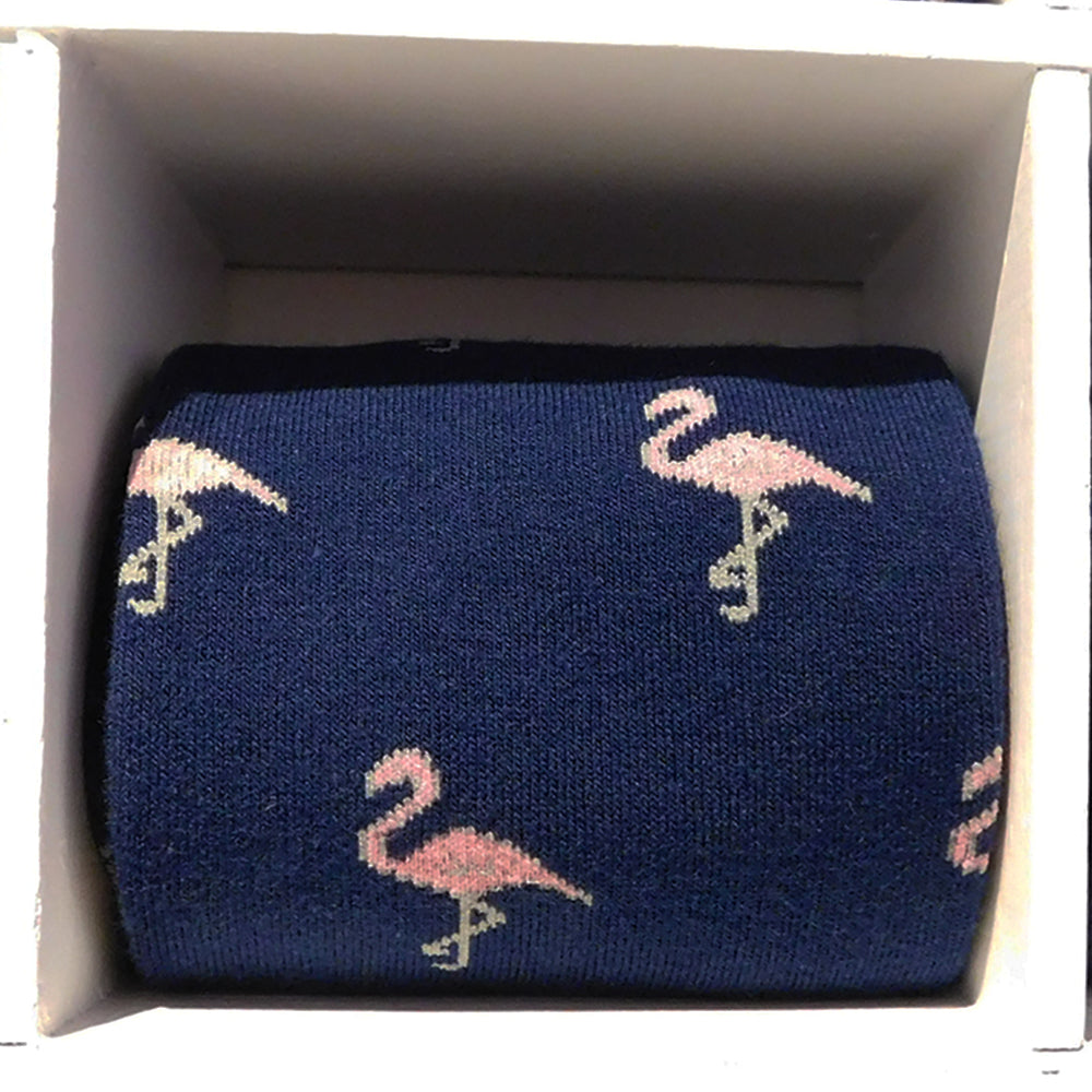 Flamingo Socks - Men's Mid Calf - Pink on Navy - SummerTies