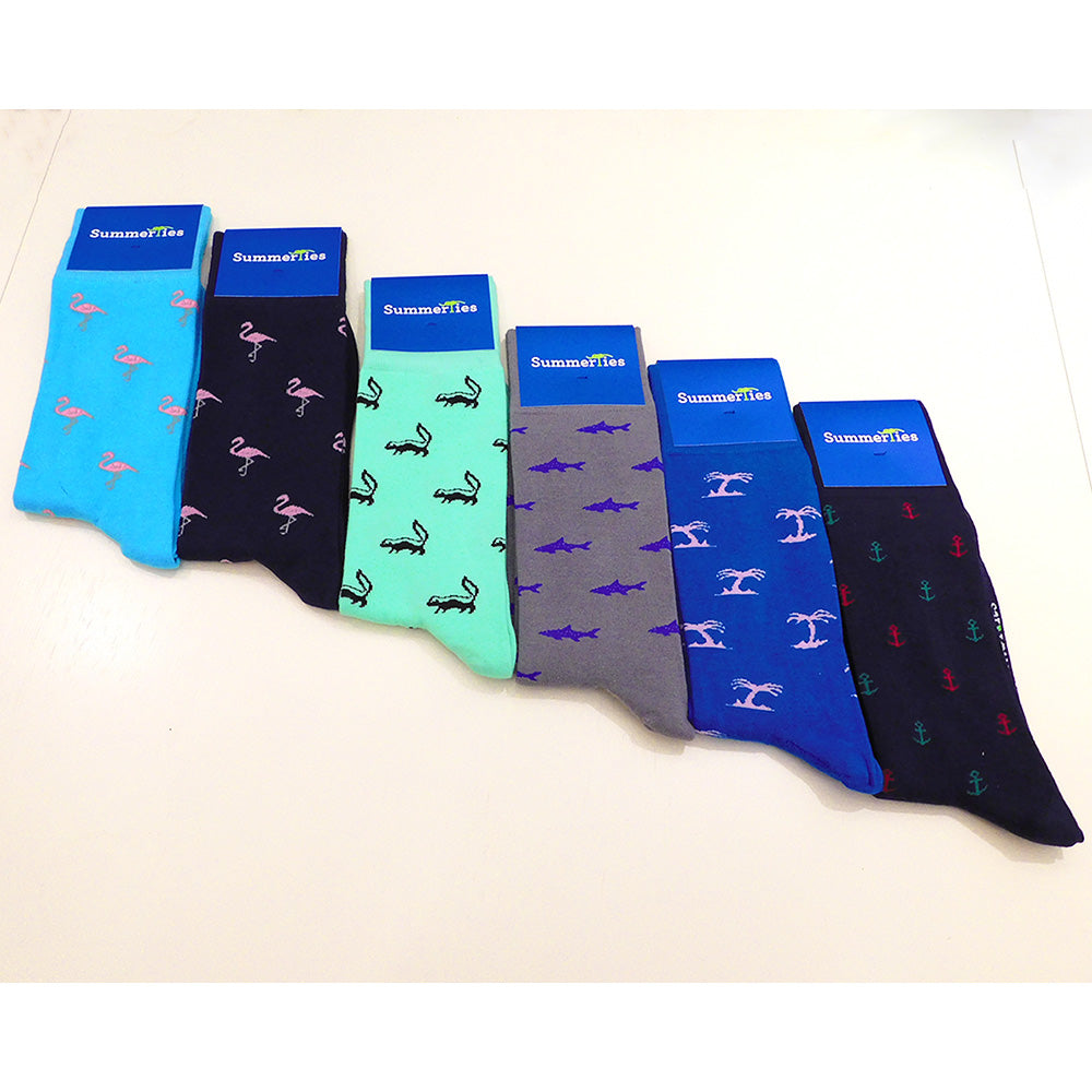 Flamingo Socks - Men's Mid Calf - Pink on Aqua Blue - SummerTies