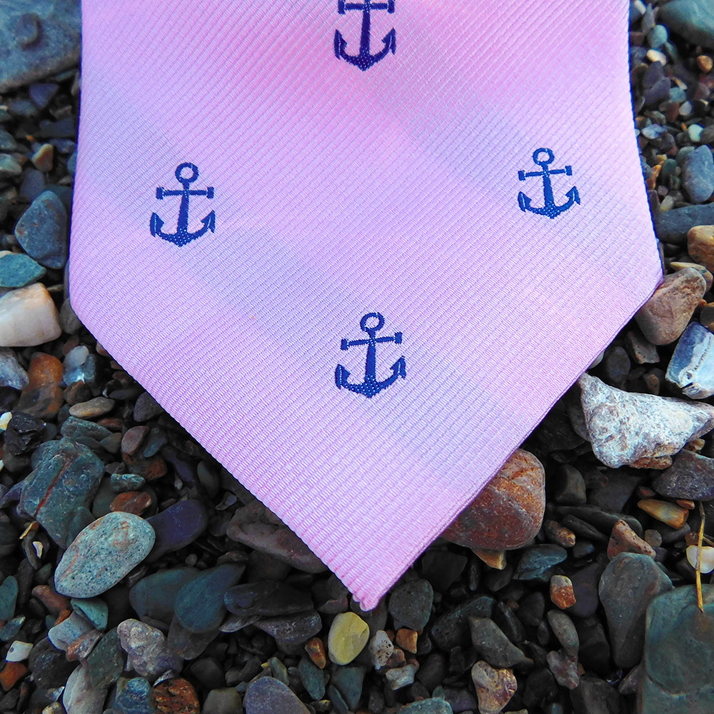 Anchor Necktie - Navy on Pink, Woven Silk - SummerTies