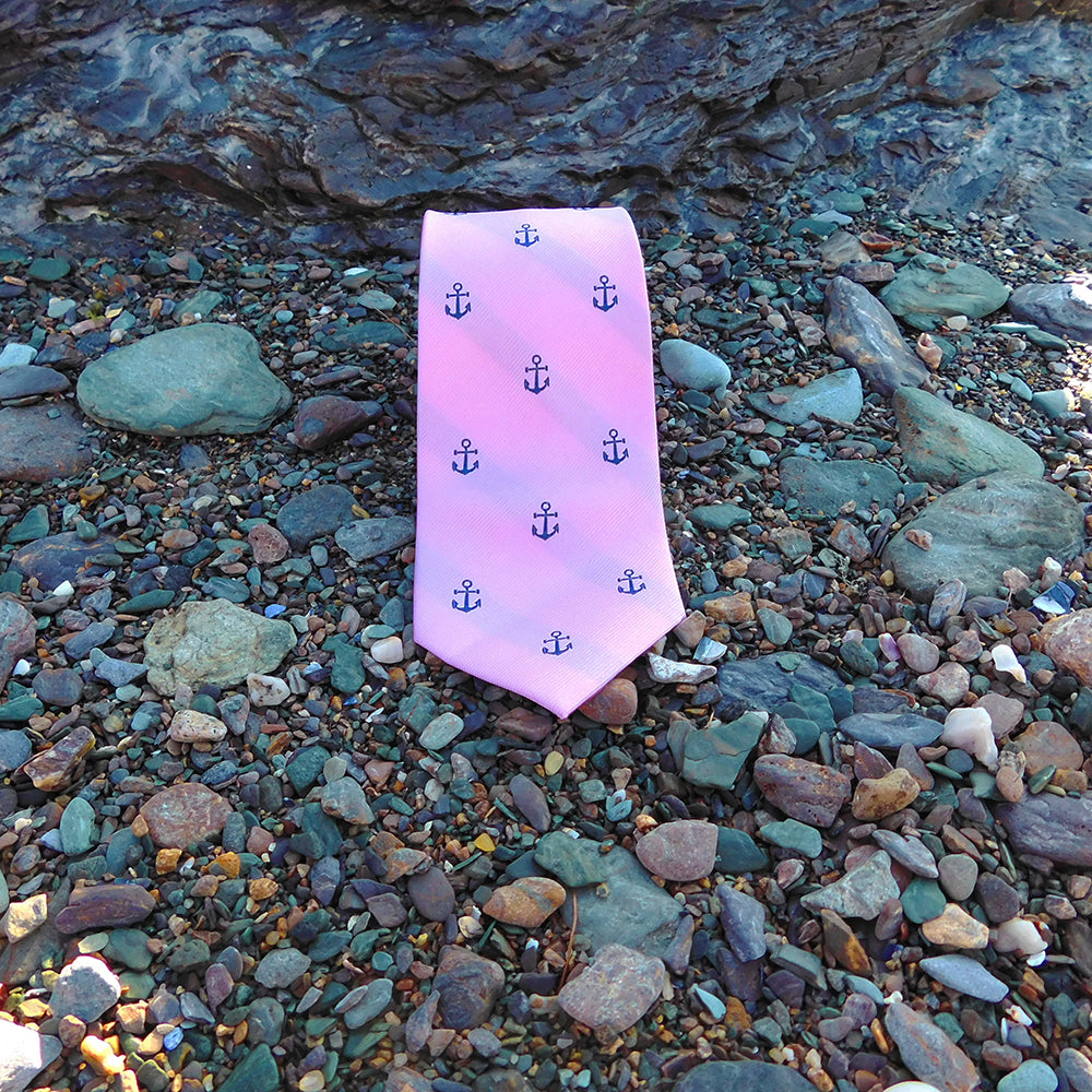 Anchor Necktie - Navy on Pink, Woven Silk - SummerTies