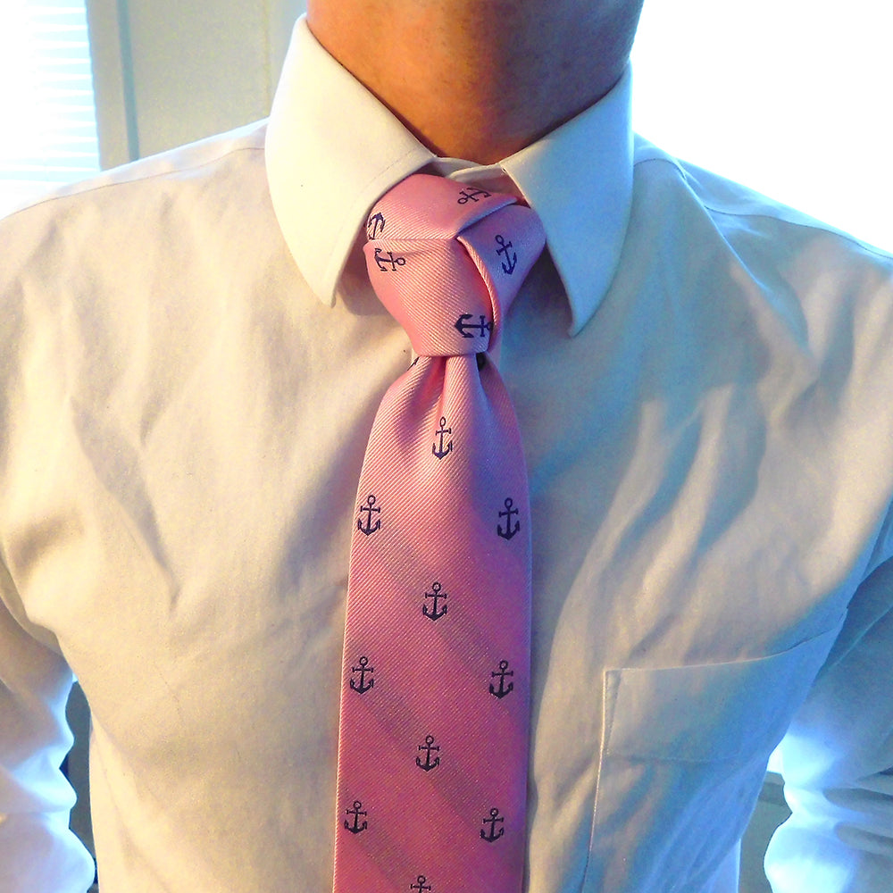 Anchor Necktie - Navy on Pink, Woven Silk - SummerTies