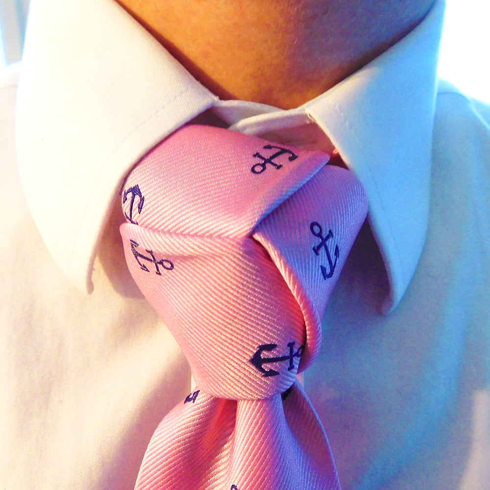 Anchor Necktie - Navy on Pink, Woven Silk - SummerTies