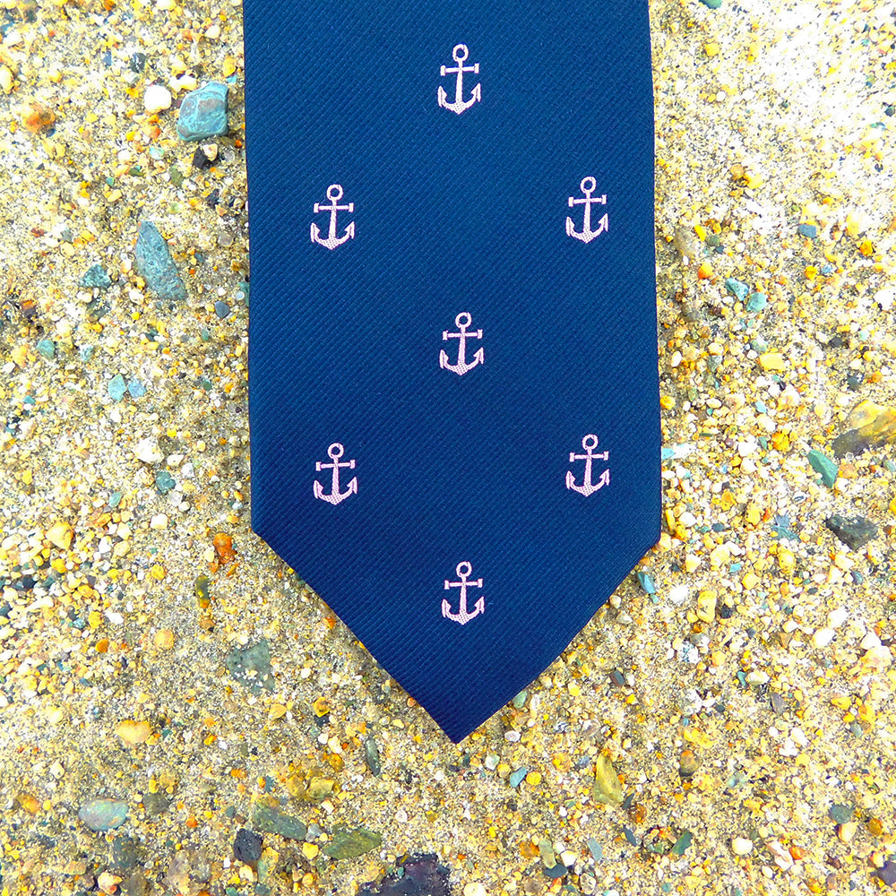 Anchor Necktie - Pink on Navy, Woven Silk - SummerTies