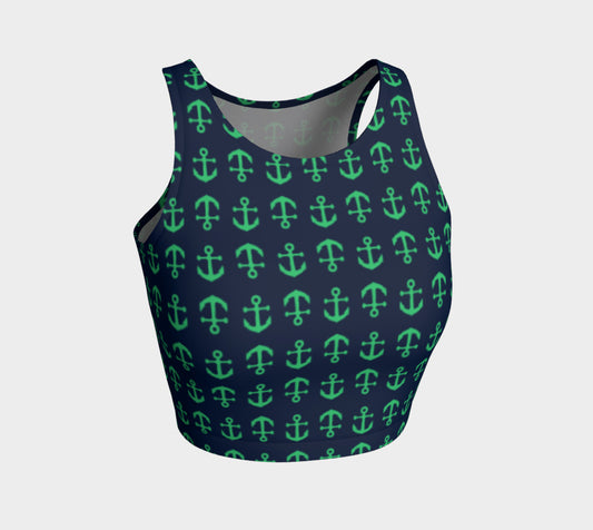 Anchor Toss Athletic Crop Top - Green on Navy - SummerTies