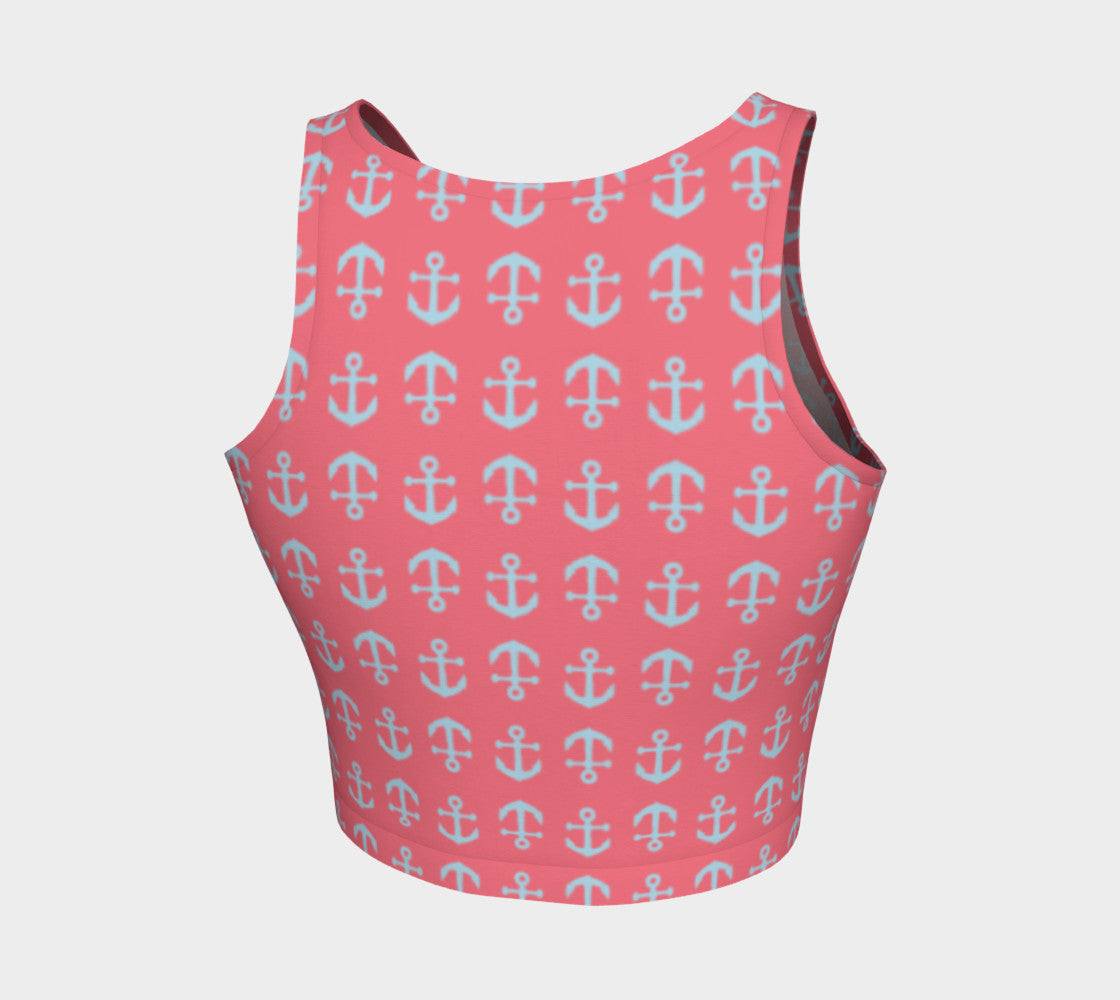 Anchor Toss Athletic Crop Top - Light Blue on Coral - SummerTies