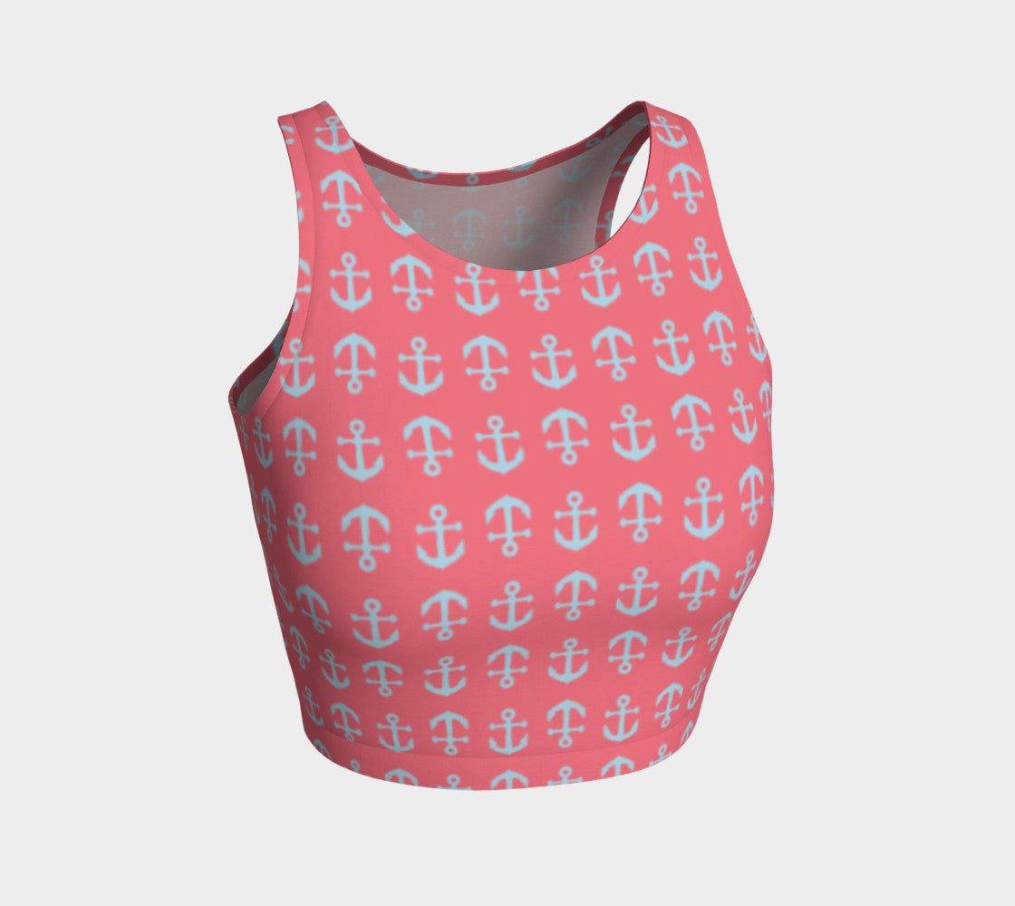 Anchor Toss Athletic Crop Top - Light Blue on Coral - SummerTies