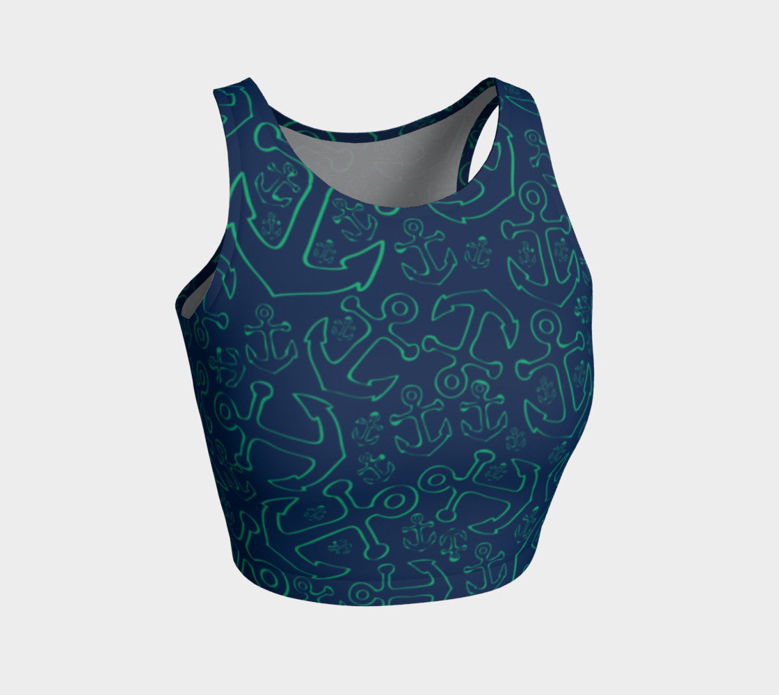 Anchor Dream Athletic Crop Top - Green on Navy - SummerTies