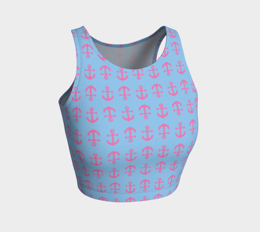 Anchor Toss Athletic Crop Top - Pink on Light Blue - SummerTies