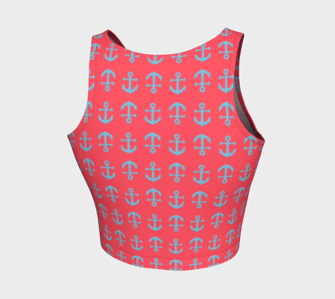 Anchor Toss Athletic Crop Top - Light Blue on Darker Coral - SummerTies