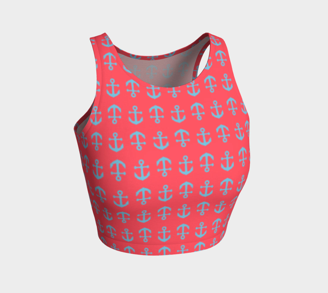 Anchor Toss Athletic Crop Top - Light Blue on Darker Coral - SummerTies