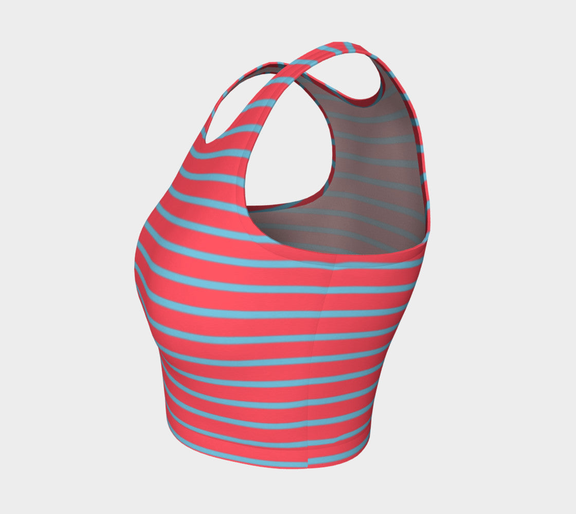 Striped Athletic Crop Top - Light Blue on Darker Coral - SummerTies