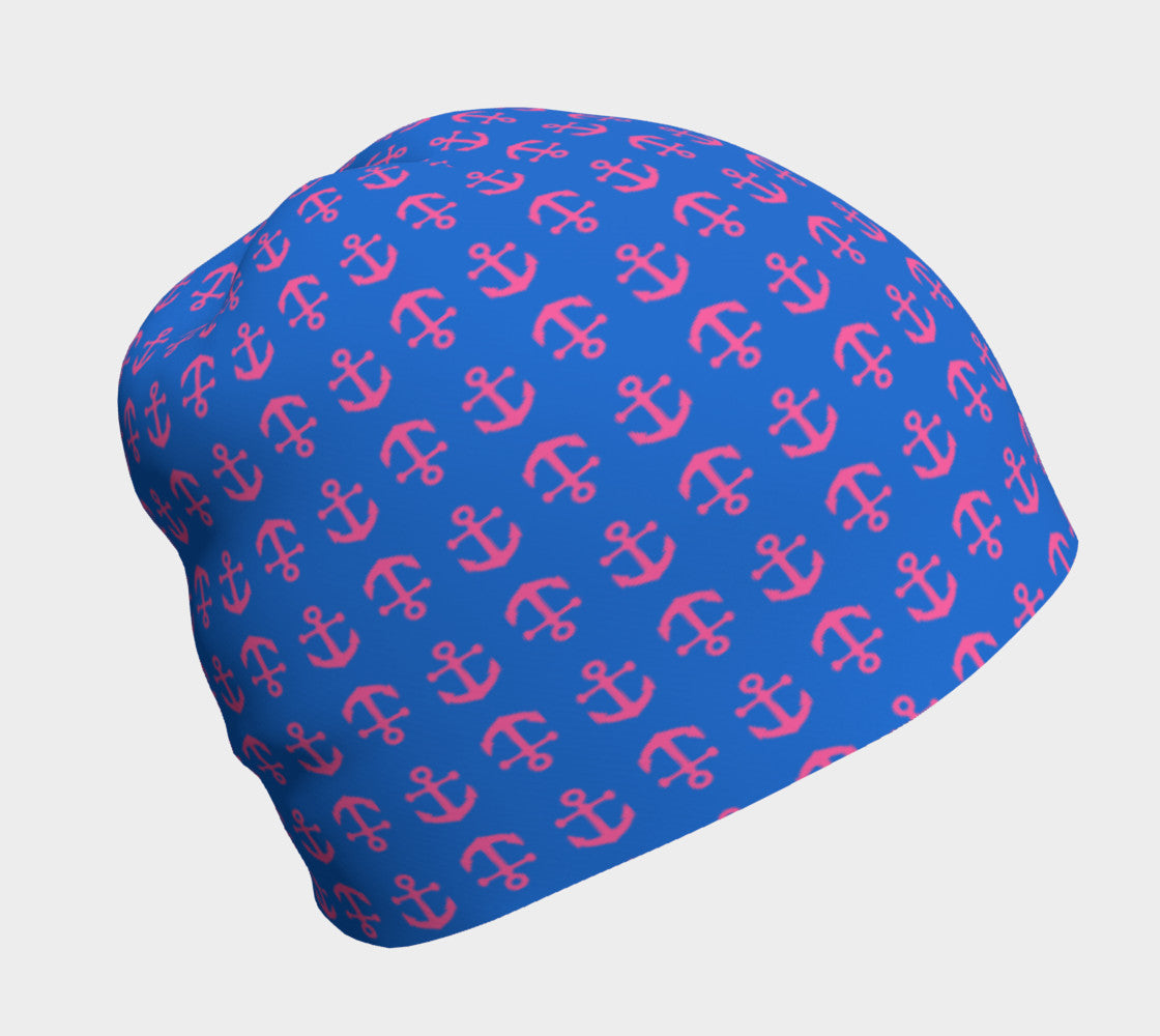 Anchor Toss Winter Beanie - Pink on Blue - SummerTies