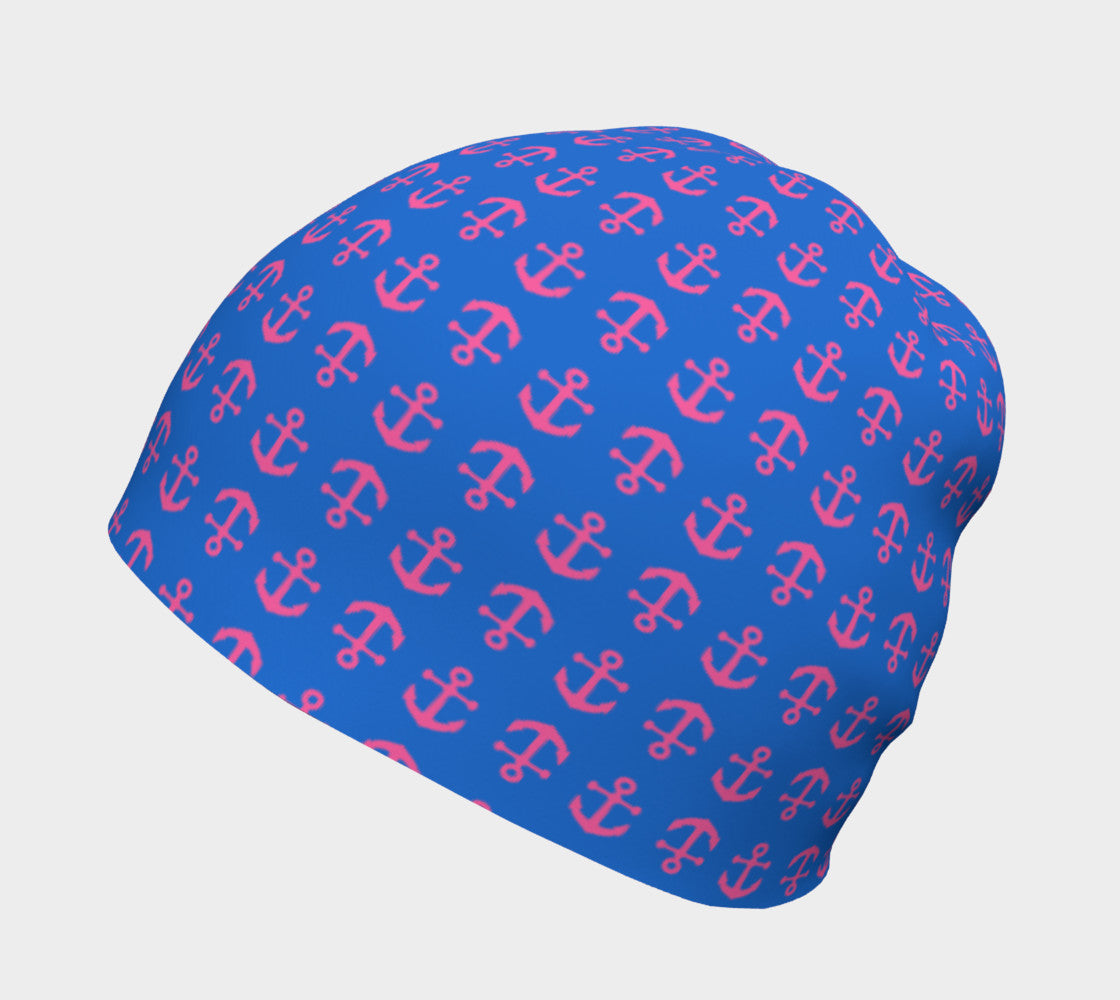 Anchor Toss Winter Beanie - Pink on Blue - SummerTies