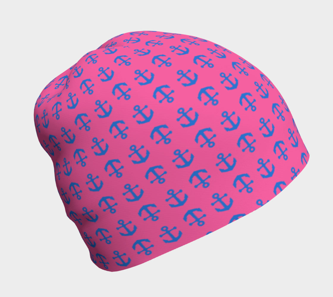 Anchor Toss Winter Beanie - Blue on Pink - SummerTies