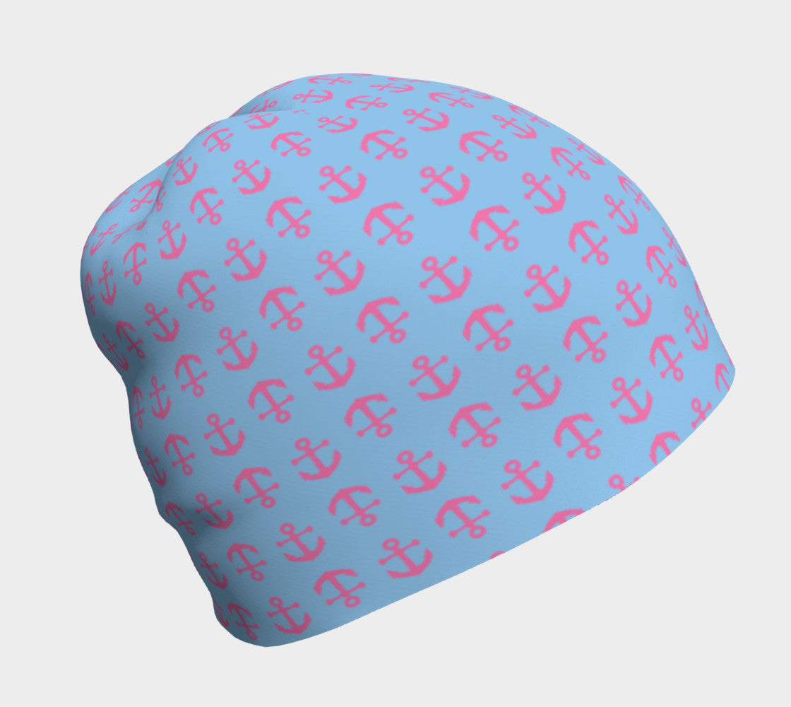 Anchor Toss Winter Beanie - Pink on Light Blue - SummerTies