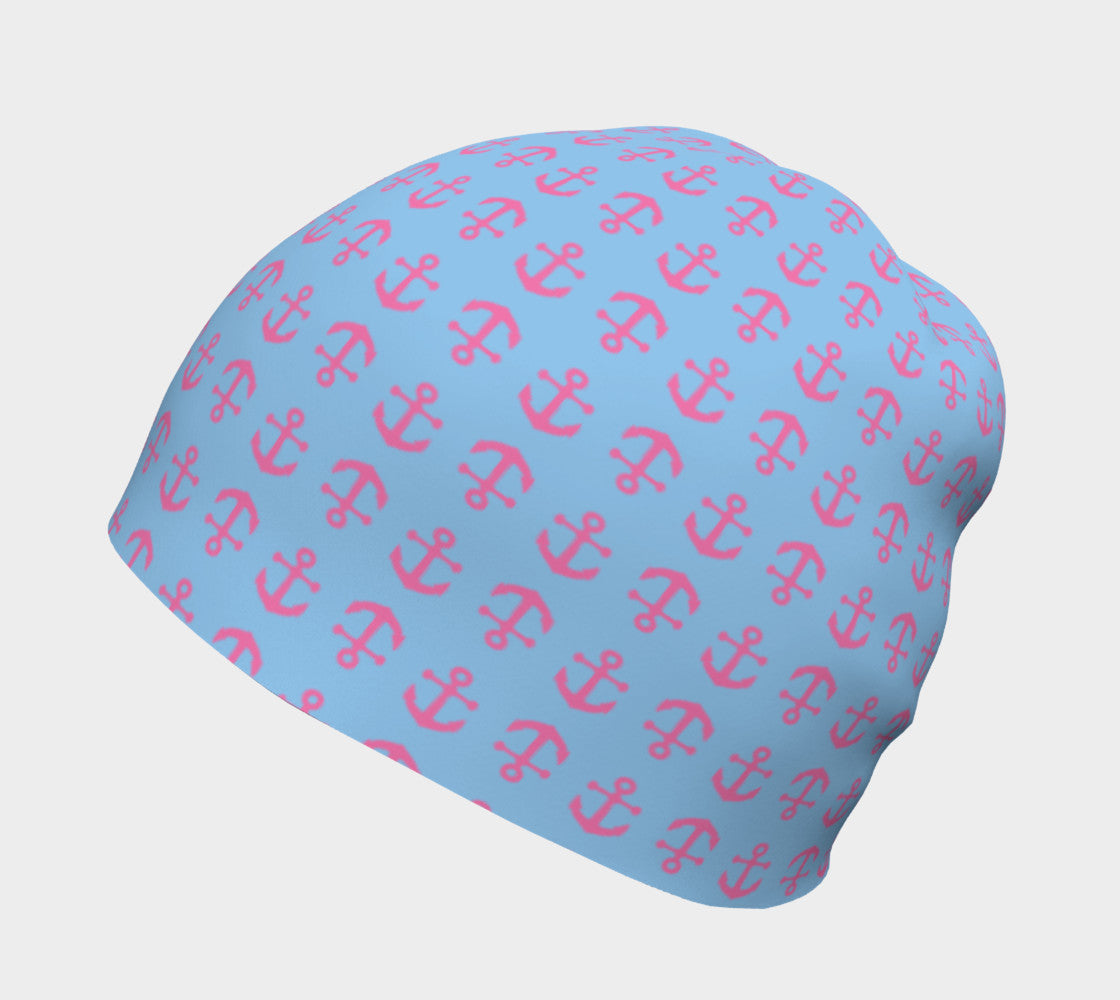 Anchor Toss Winter Beanie - Pink on Light Blue - SummerTies