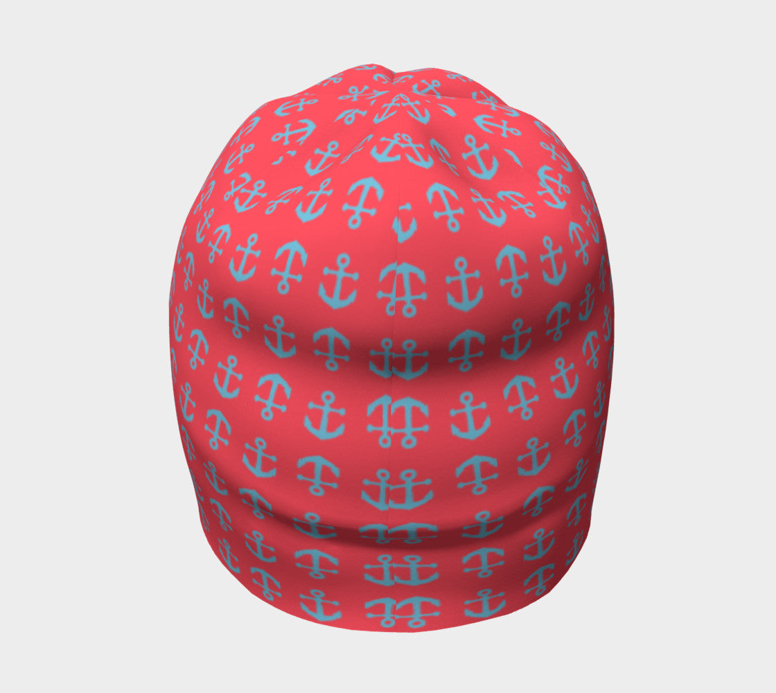 Anchor Toss Winter Beanie - Light Blue on Darker Coral - SummerTies