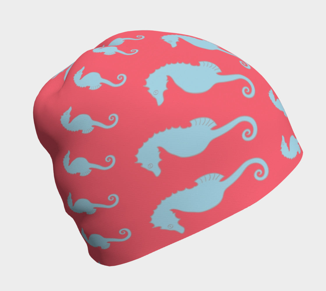 Seahorse Light Blue on Coral Winter Beanie - SummerTies