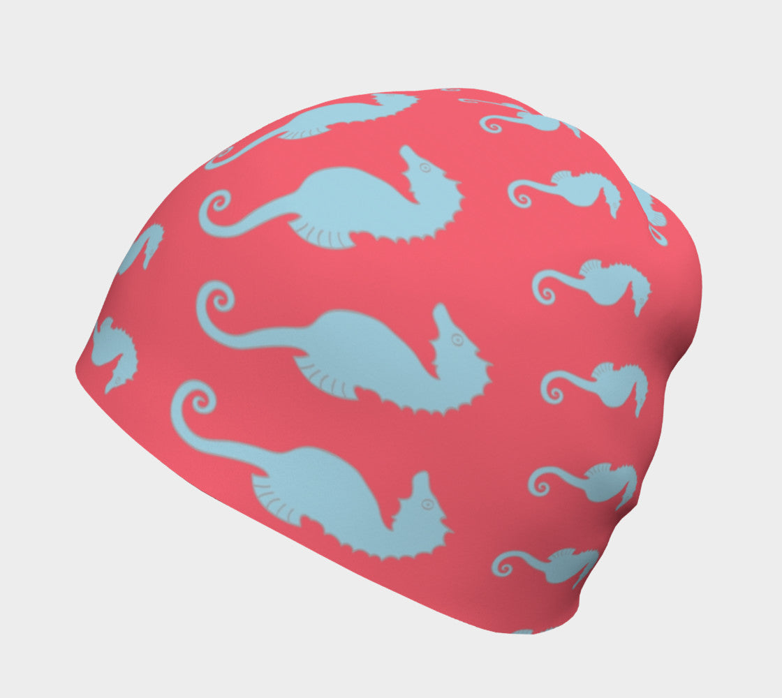 Seahorse Light Blue on Coral Winter Beanie - SummerTies