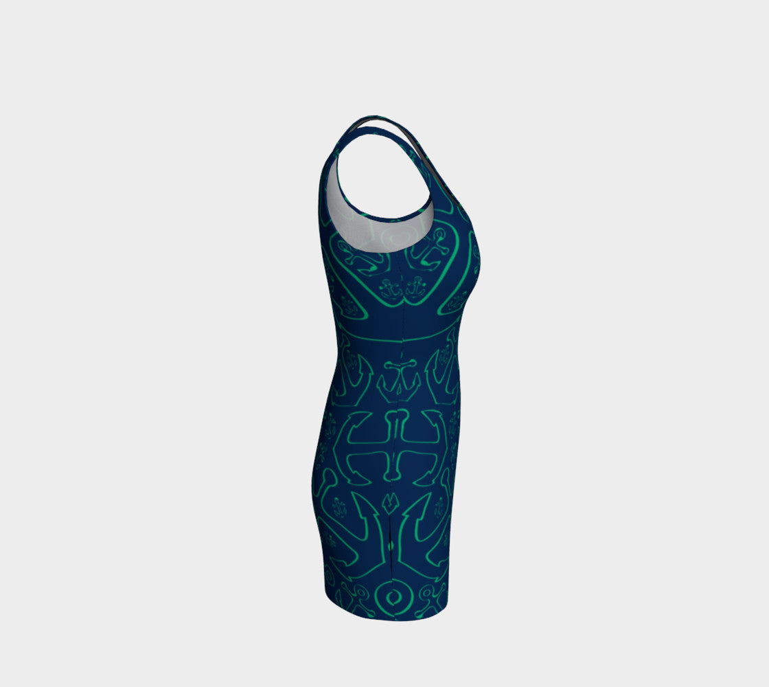 Anchor Dream Bodycon Dress - Green on Navy - SummerTies