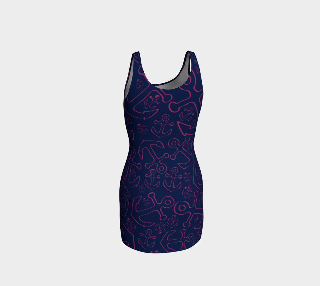 Anchor Dream Bodycon Dress - Pink on Navy - SummerTies