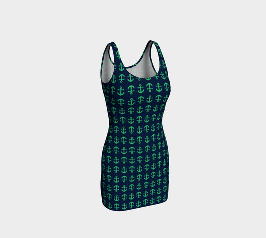 Anchor Toss Bodycon Dress - Green on Navy - SummerTies