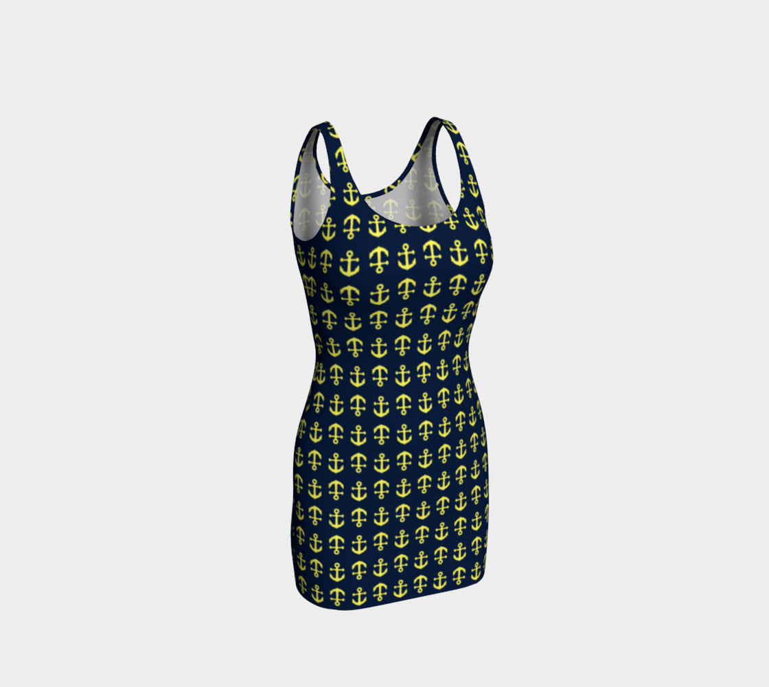 Anchor Toss Bodycon Dress - Yellow on Navy - SummerTies