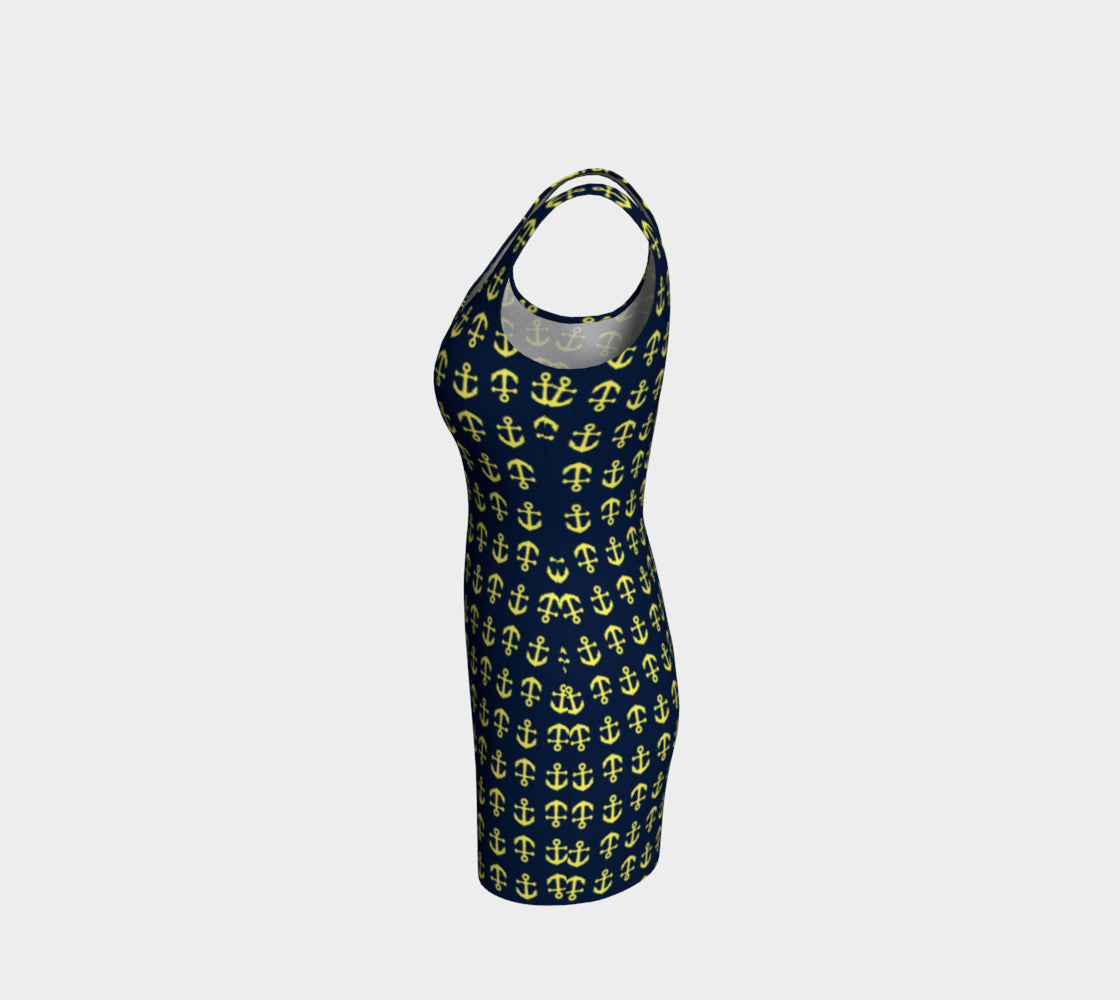 Anchor Toss Bodycon Dress - Yellow on Navy - SummerTies