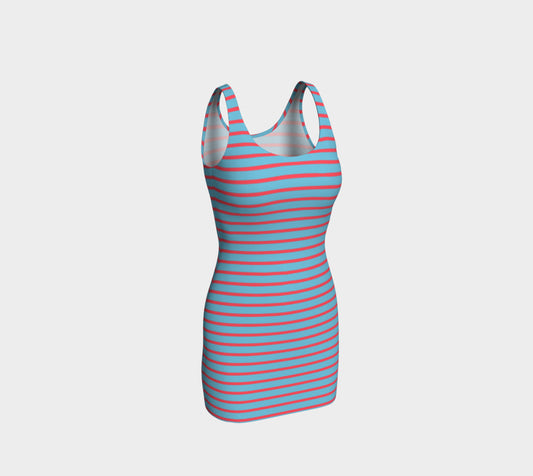 Striped Bodycon Dress - Darker Coral on Light Blue - SummerTies