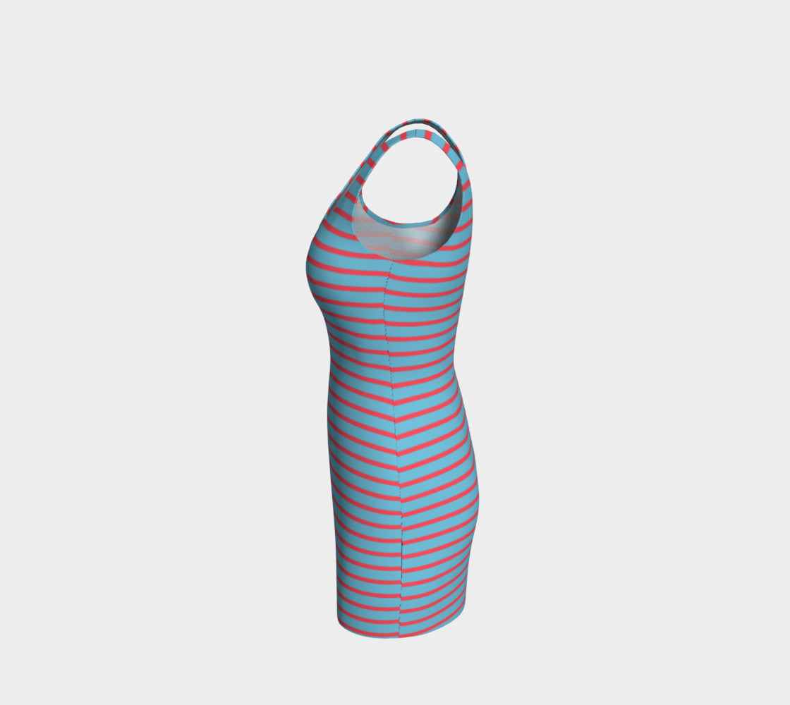 Striped Bodycon Dress - Darker Coral on Light Blue - SummerTies
