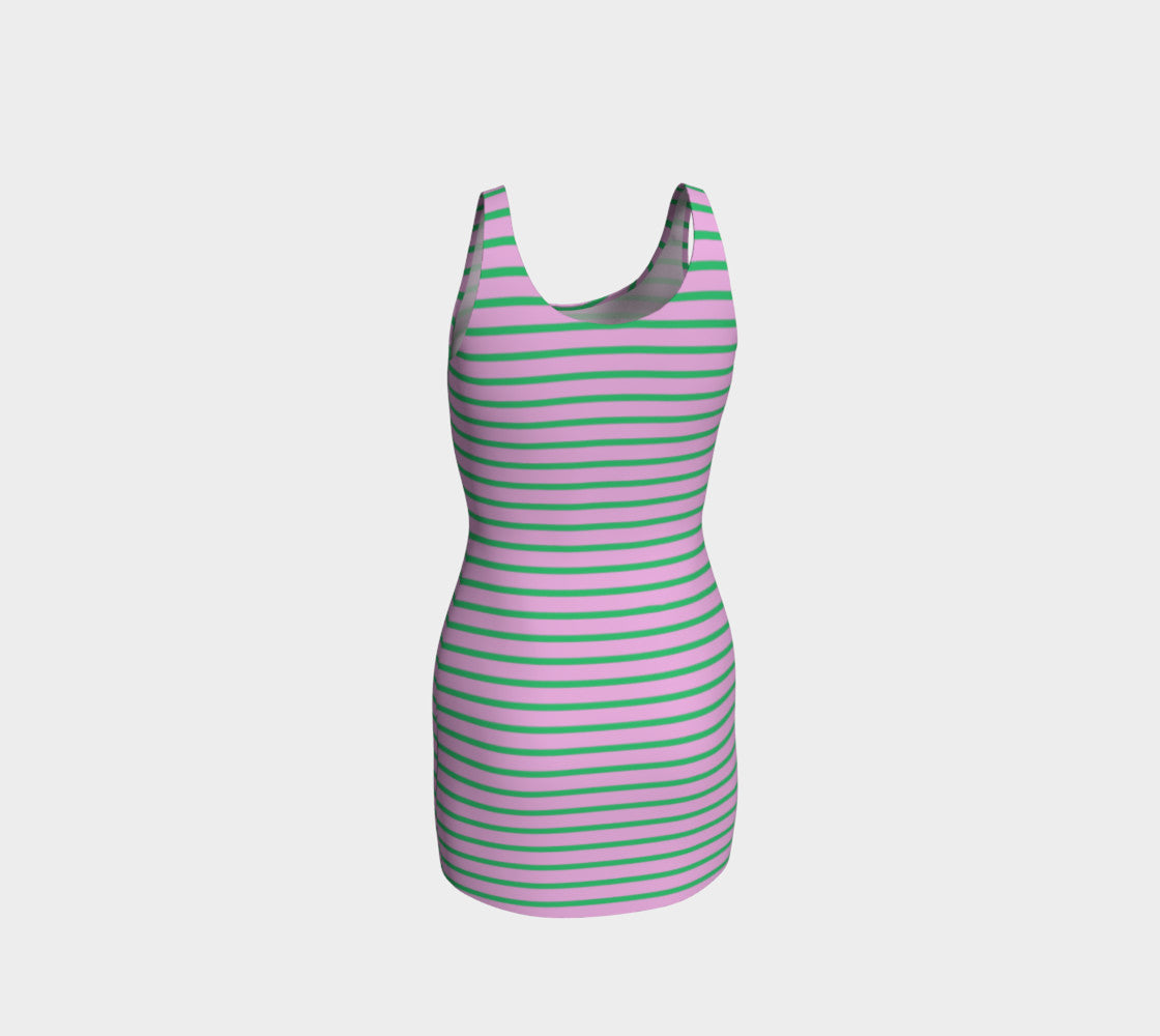 Striped Bodycon Dress - Green on Light Pink - SummerTies