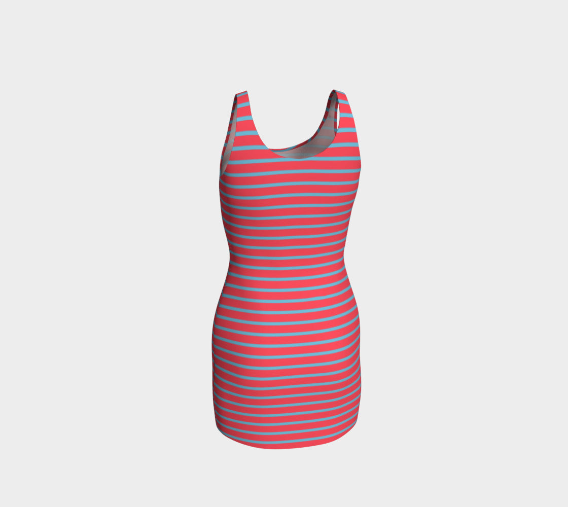 Striped Bodycon Dress - Light Blue on Darker Coral - SummerTies