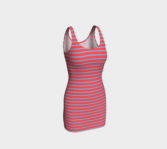 Striped Bodycon Dress - Light Blue on Darker Coral - SummerTies