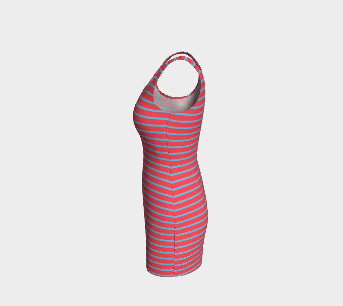 Striped Bodycon Dress - Light Blue on Darker Coral - SummerTies