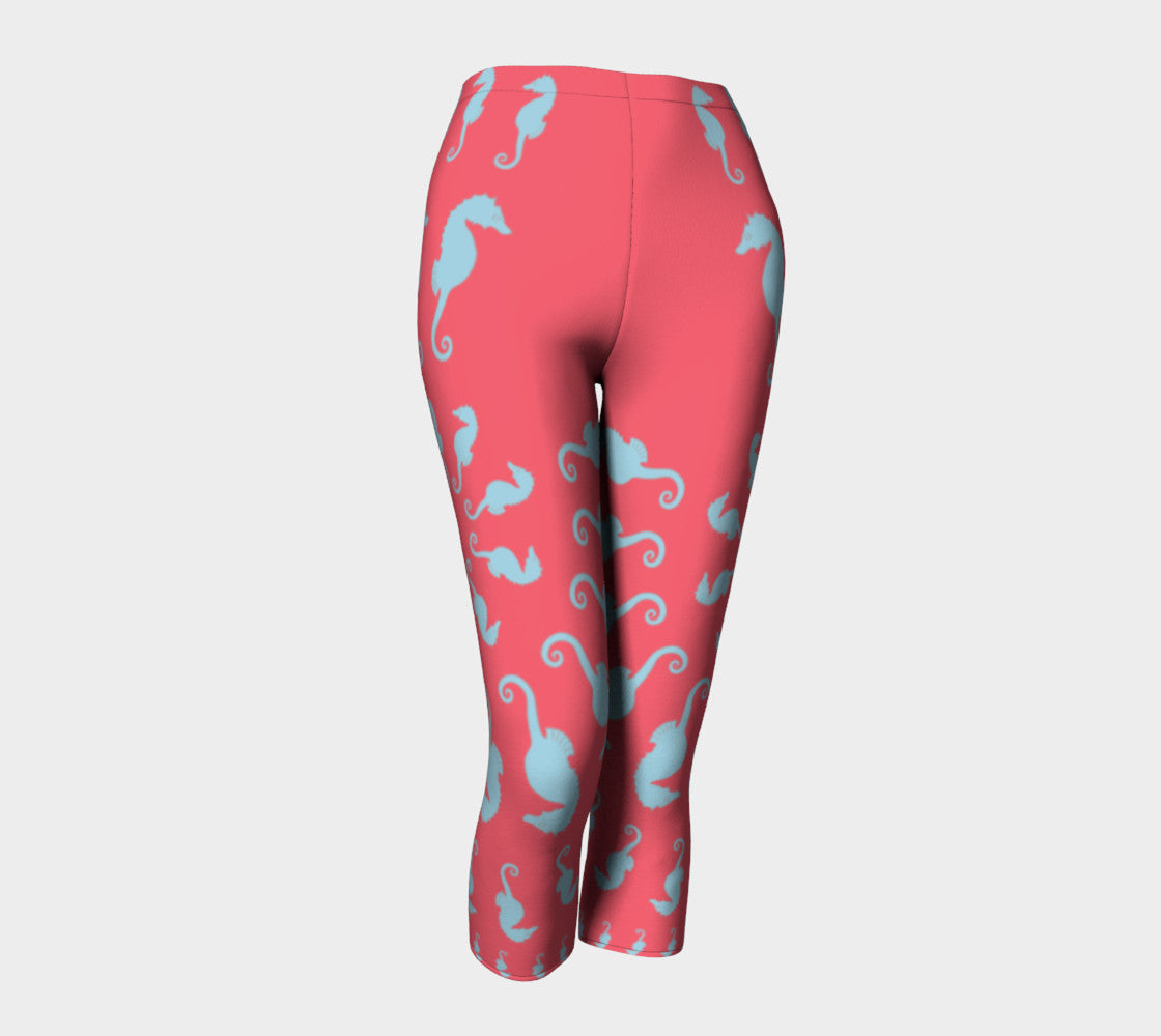 Seahorse Adult Capris - Light Blue on Coral - SummerTies