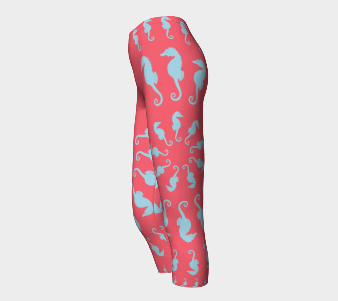 Seahorse Adult Capris - Light Blue on Coral - SummerTies