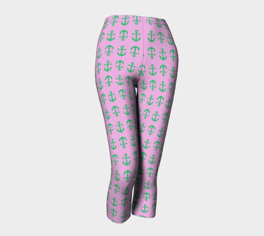 Anchor Toss Adult Capris - Green on Light Pink - SummerTies