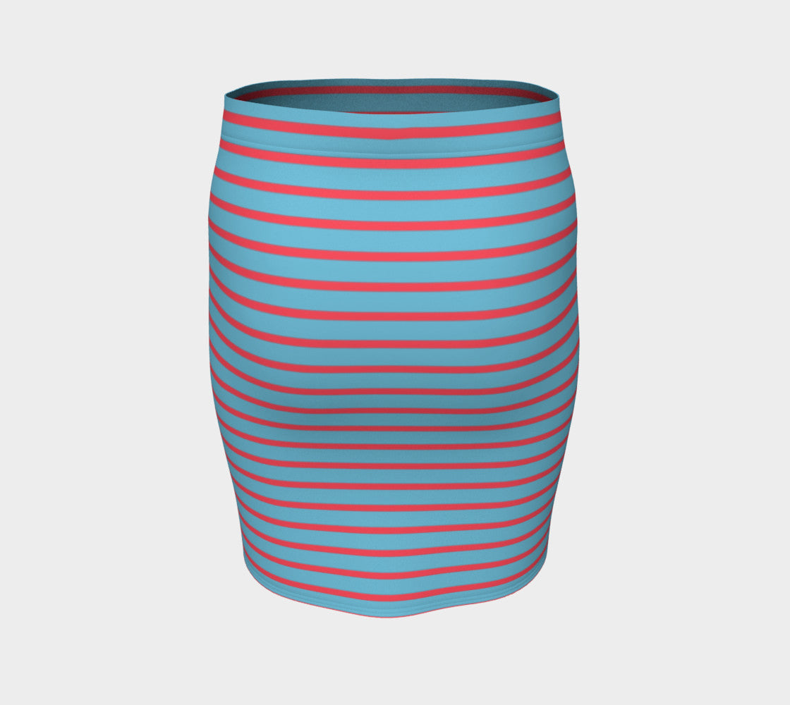 Striped Fitted Skirt - Darker Coral on Light Blue - SummerTies