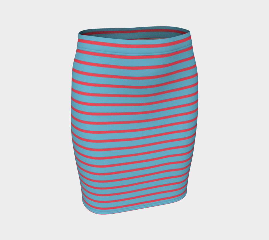 Striped Fitted Skirt - Darker Coral on Light Blue - SummerTies
