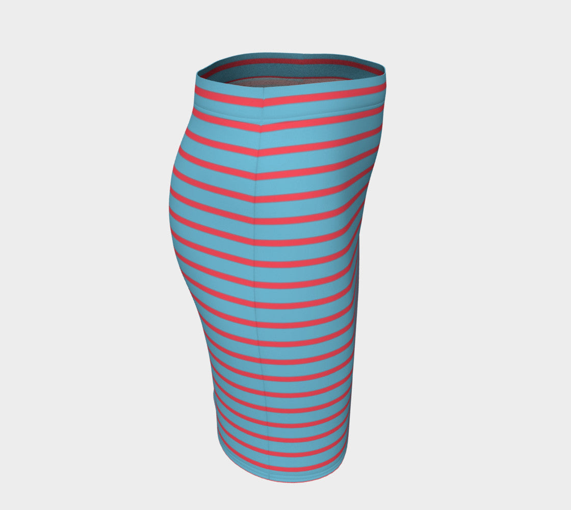 Striped Fitted Skirt - Darker Coral on Light Blue - SummerTies