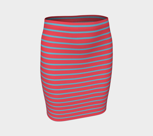 Striped Fitted Skirt - Light Blue on Darker Coral - SummerTies