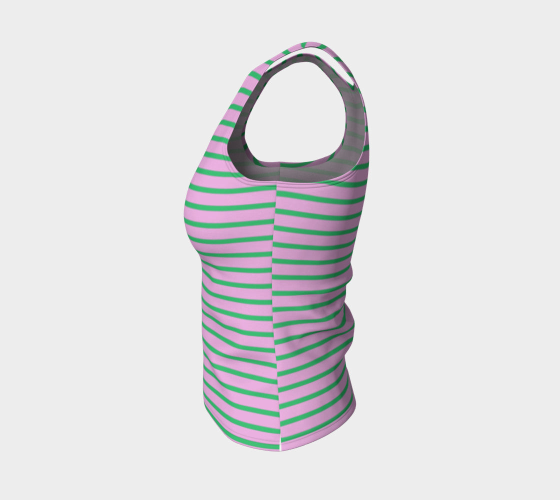 Striped Fitted Tank Top - Green on Light Pink - SummerTies