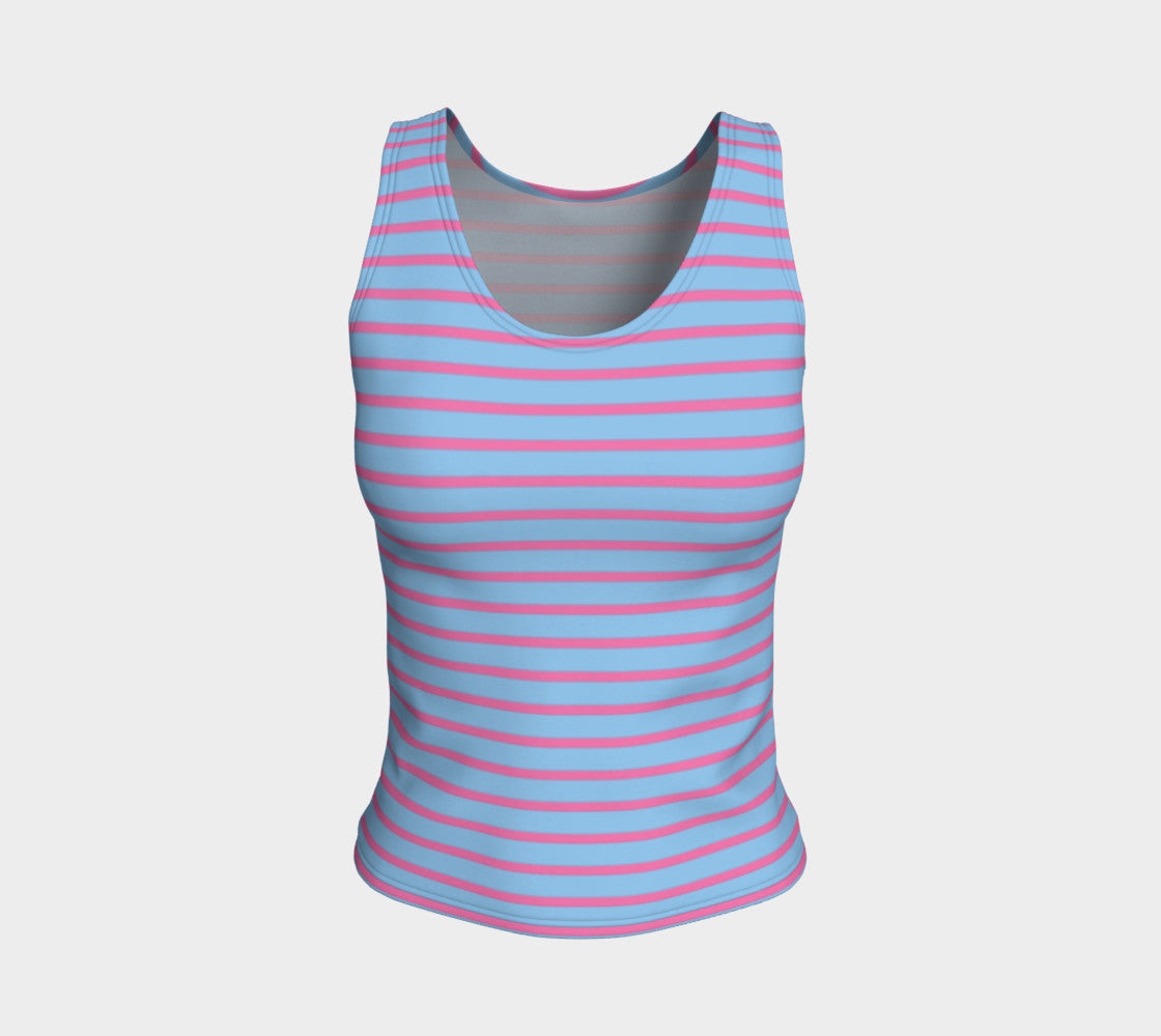 Striped Fitted Tank Top - Pink on Light Blue - SummerTies