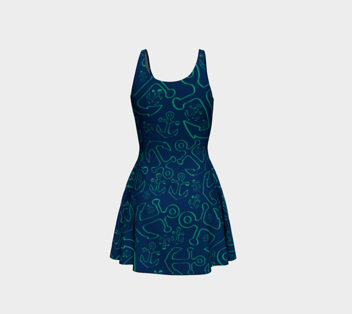 Anchor Dream Flare Dress - Green on Navy - SummerTies